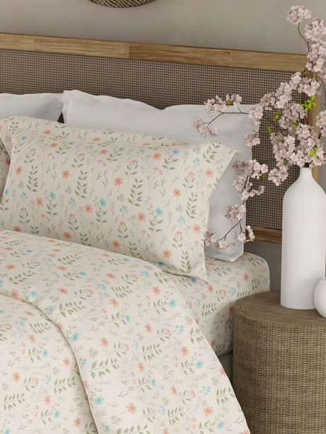 100% Cotton 300 TC King Bedsheet with 2 Pillow Covers - Multicolor Floral, Cottage Garden