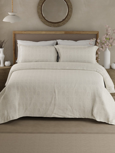 100% Cotton 300 TC King Bedsheet with 2 Pillow Covers - White & Grey Geometrical Print, Cottage Garden