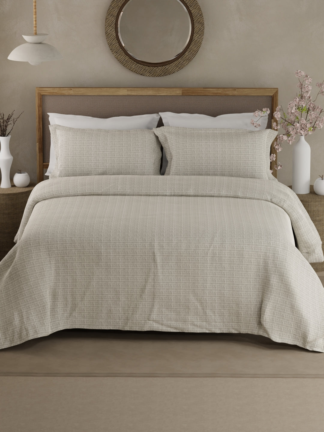 100% Cotton 300 TC King Bedsheet with 2 Pillow Covers - Grey Printed, Cottage Garden