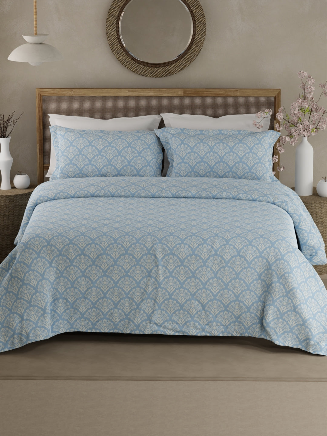 100% Cotton 300 TC King Bedsheet with 2 Pillow Covers - Blue & White Floral, Cottage Garden