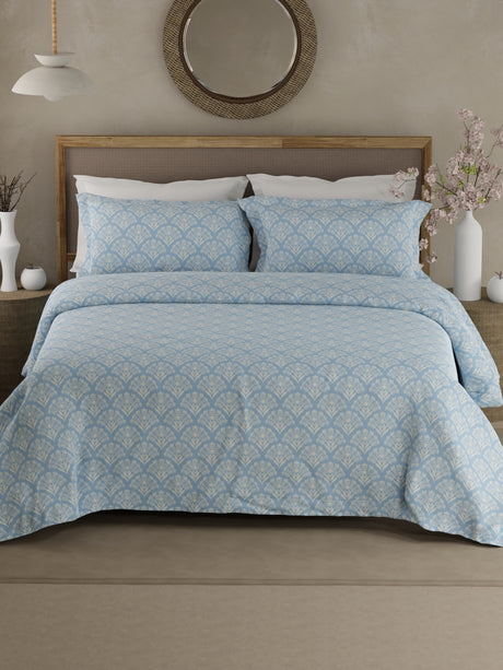 100% Cotton 300 TC King Bedsheet with 2 Pillow Covers - Blue & White Floral, Cottage Garden