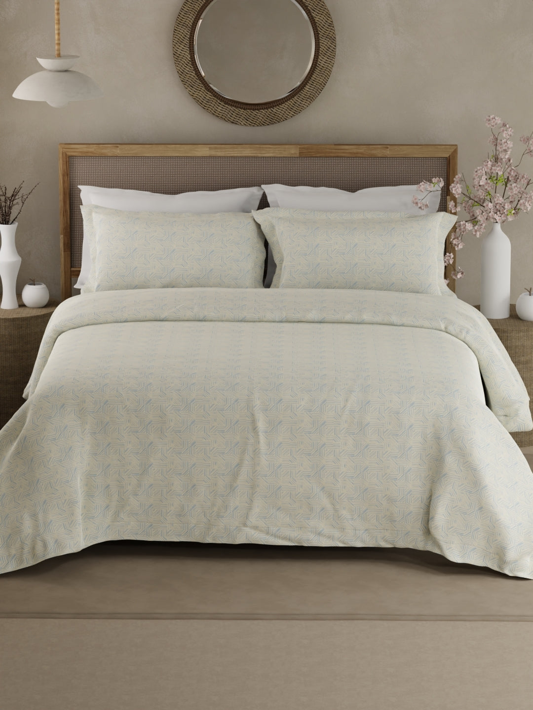 100% Cotton 300 TC King Bedsheet with 2 Pillow Covers - Blue & White Geometrical Print, Cottage Garden