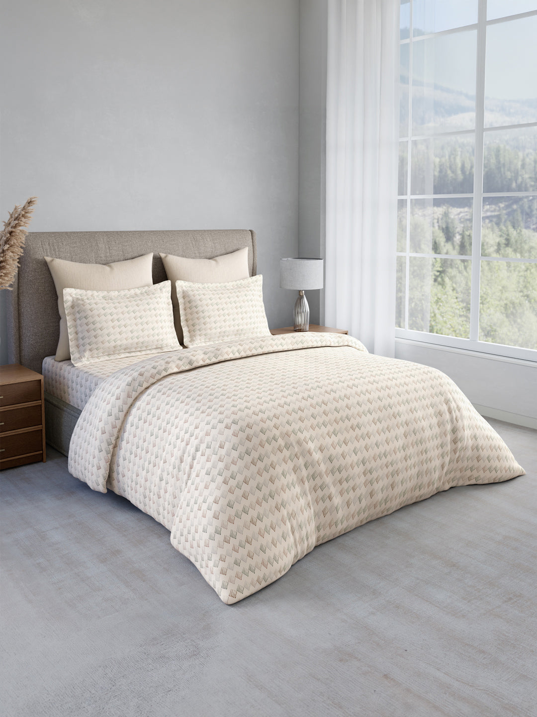 100% Cotton 300 TC King Bedsheet with 2 Pillow Covers - White Geometrical Print, Cottage Garden