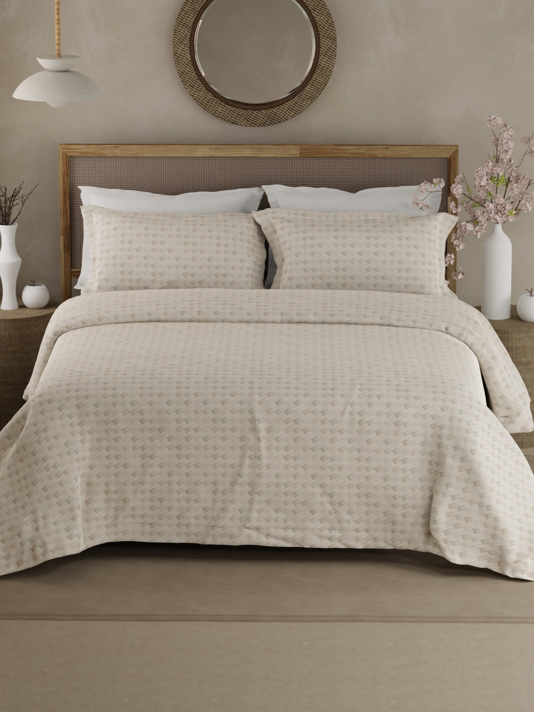 100% Cotton 300 TC King Bedsheet with 2 Pillow Covers - White Geometrical Print, Cottage Garden