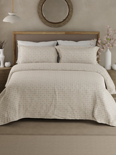 100% Cotton 300 TC King Bedsheet with 2 Pillow Covers - White Geometrical Print, Cottage Garden