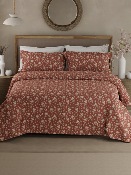 100% Cotton 300 TC King Bedsheet with 2 Pillow Covers - Brown & White Floral, Cottage Garden