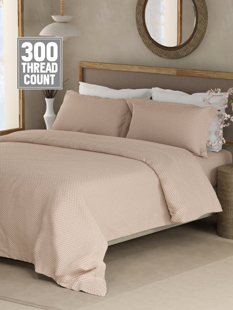 Cottage Garden 100% Cotton 300 TC King Bedsheet with 2 Pillow Covers - White Geometrical Print