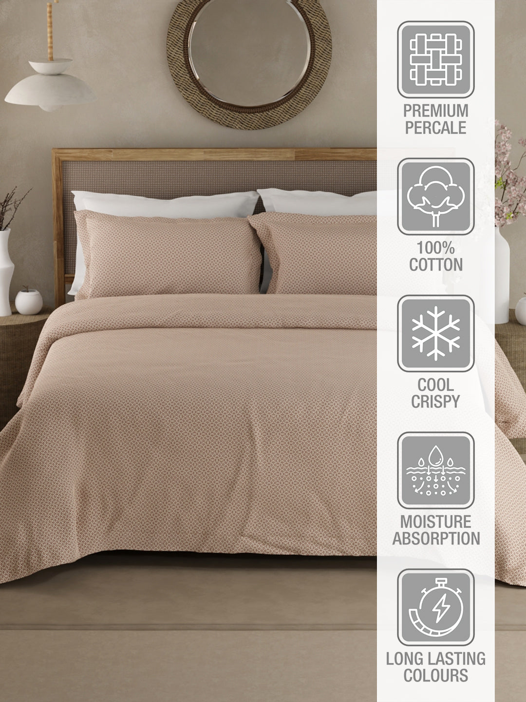 Cottage Garden 100% Cotton 300 TC King Bedsheet with 2 Pillow Covers - White Geometrical Print