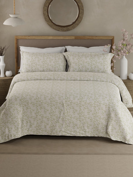 100% Cotton 300 TC King Bedsheet with 2 Pillow Covers - Green & White Floral, Cottage Garden
