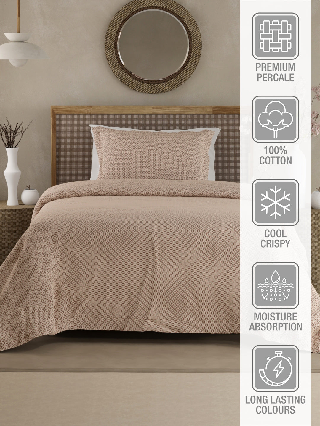 Cottage Garden 100% Cotton 300 TC Single Bedsheet with 1 Pillow Cover - White Geometrical Print