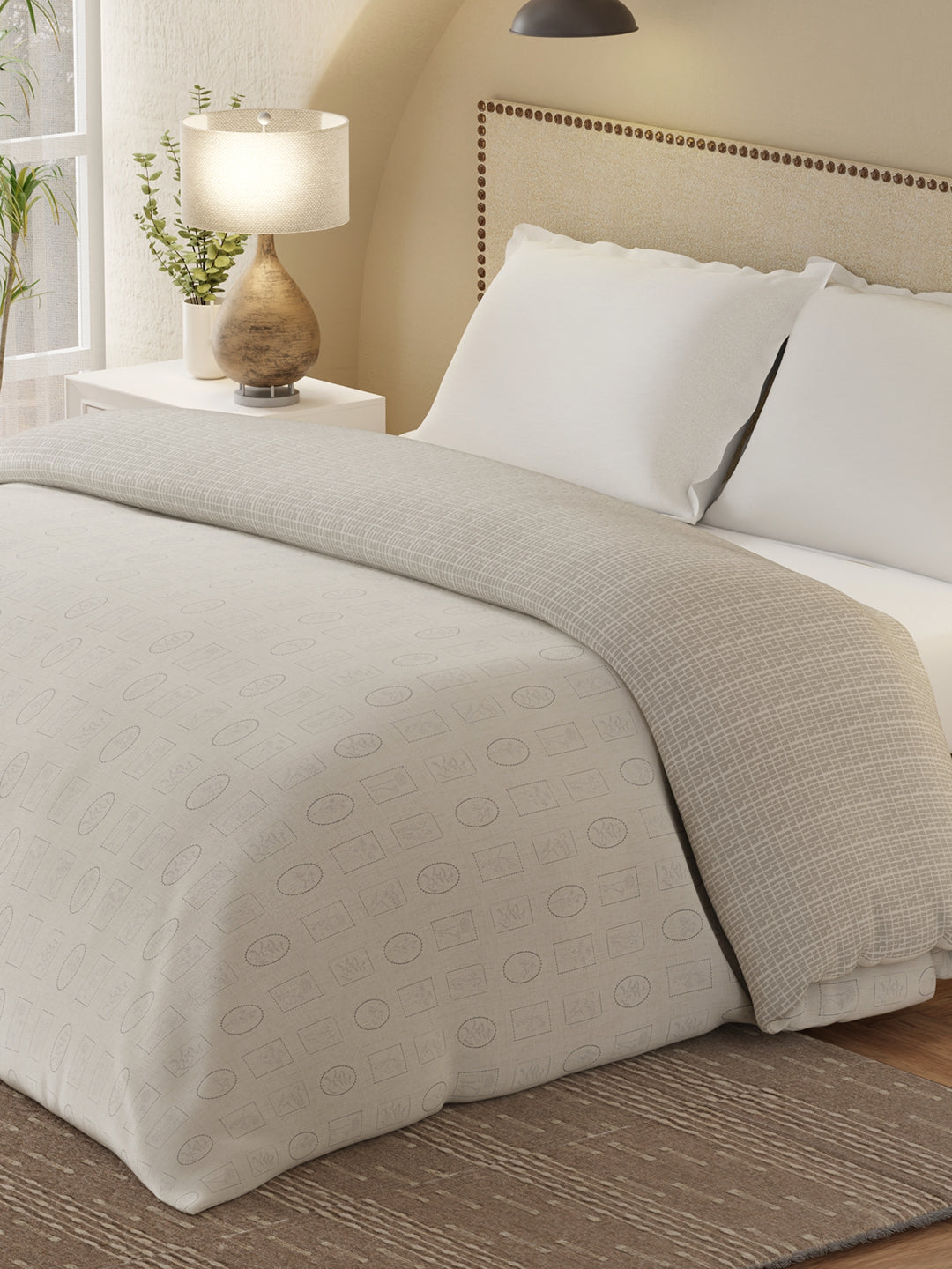 Cottage Garden 100% Cotton 300 TC White & Grey Printed Double Reversible Comforter - Pack of 1 (108 L x 90 W inches)