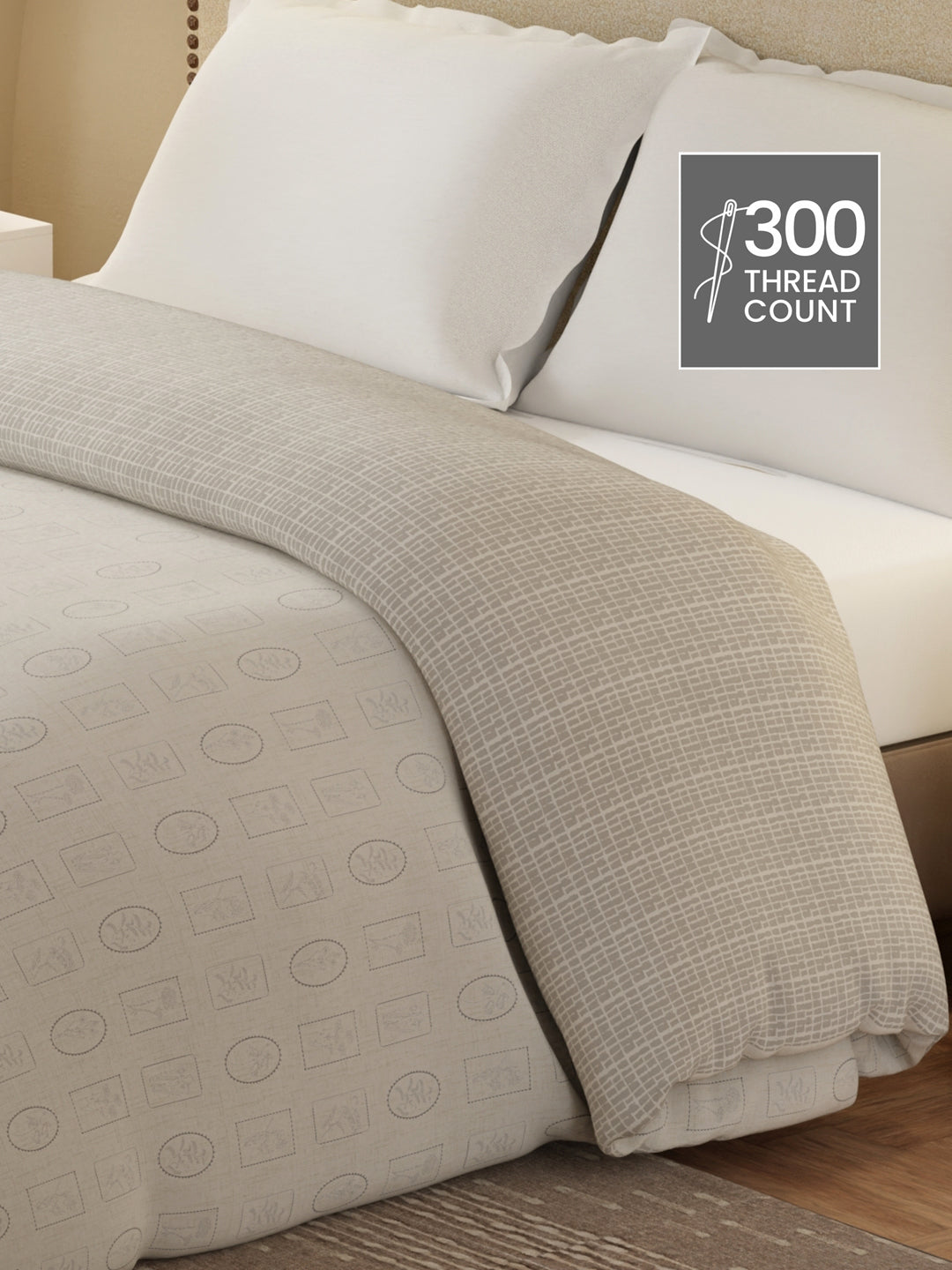 Cottage Garden 100% Cotton 300 TC White & Grey Printed Double Reversible Comforter - Pack of 1 (108 L x 90 W inches)