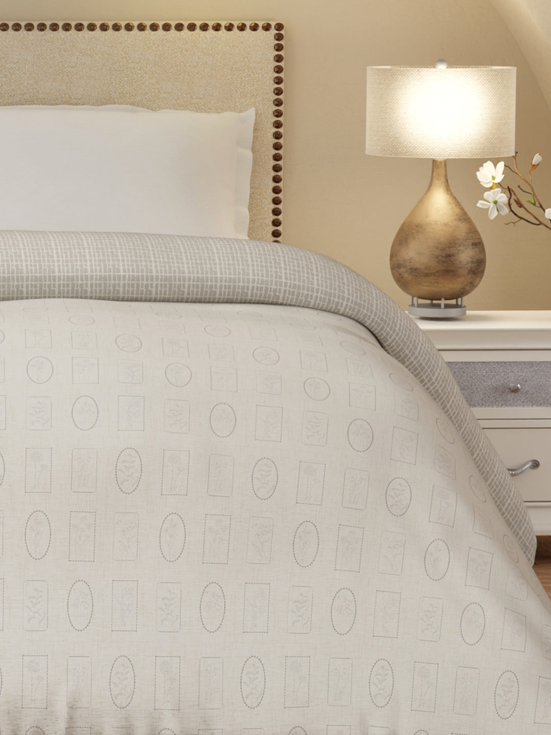 Cottage Garden 100% Cotton 300 TC White & Grey Printed Double Reversible Comforter - Pack of 1 (108 L x 90 W inches)
