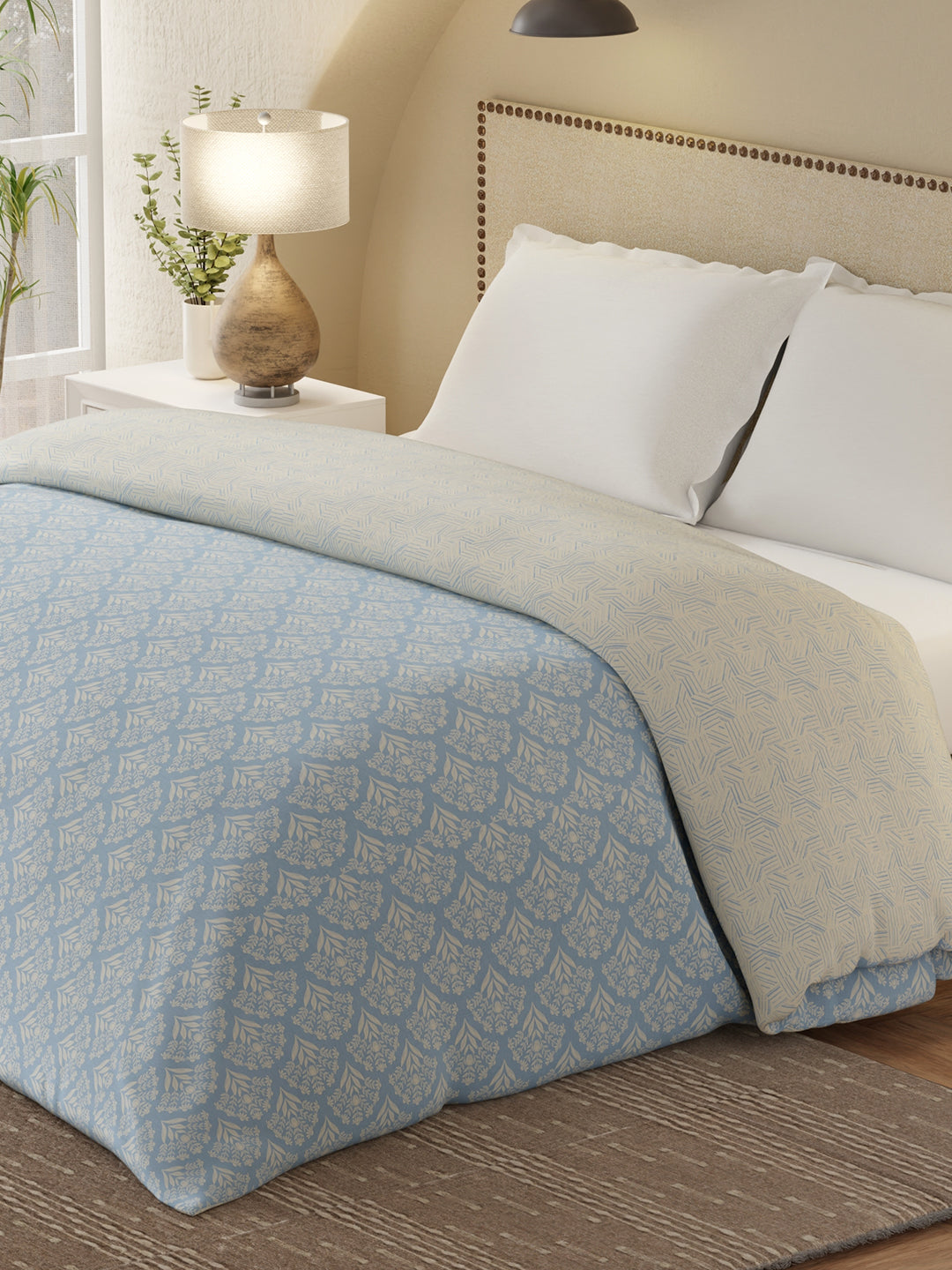 Cottage Garden 100% Cotton 300 TC Blue & Beige Printed Double Reversible Comforter - Pack of 1 (108 L x 90 W inches)