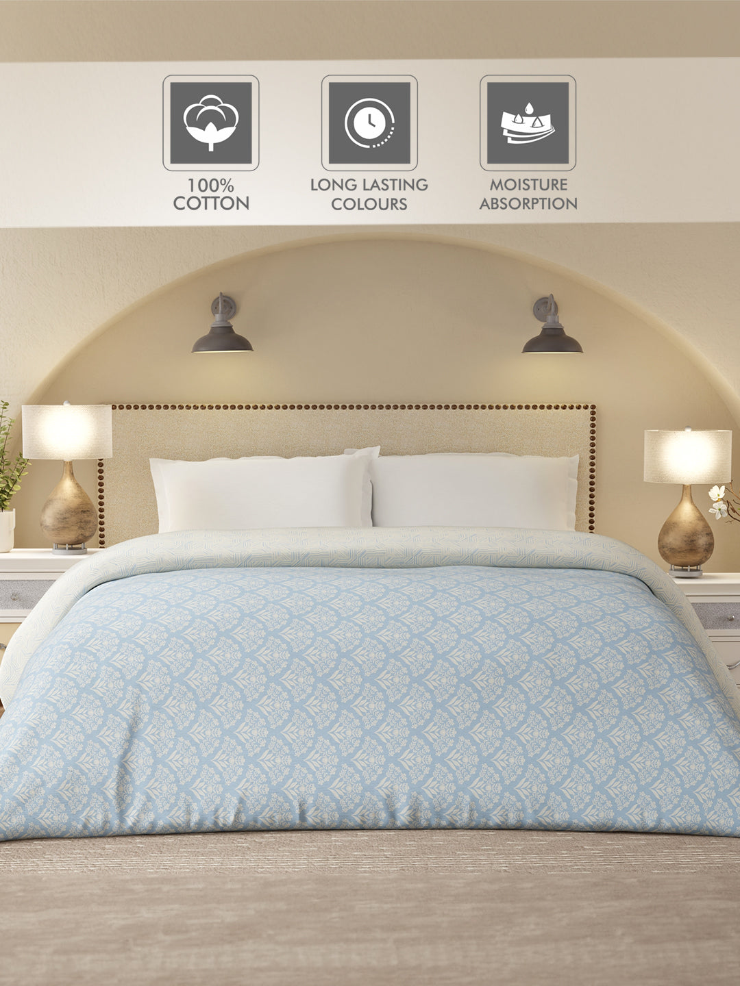 Cottage Garden 100% Cotton 300 TC Blue & Beige Printed Double Reversible Comforter - Pack of 1 (108 L x 90 W inches)