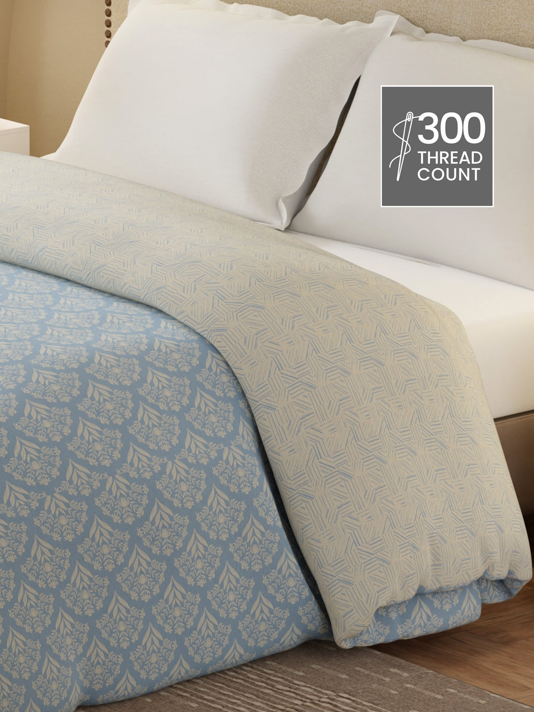 Cottage Garden 100% Cotton 300 TC Blue & Beige Printed Double Reversible Comforter - Pack of 1 (108 L x 90 W inches)