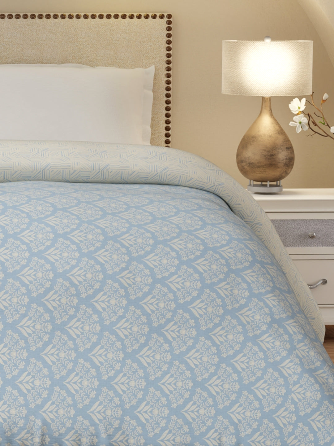 Cottage Garden 100% Cotton 300 TC Blue & Beige Printed Double Reversible Comforter - Pack of 1 (108 L x 90 W inches)
