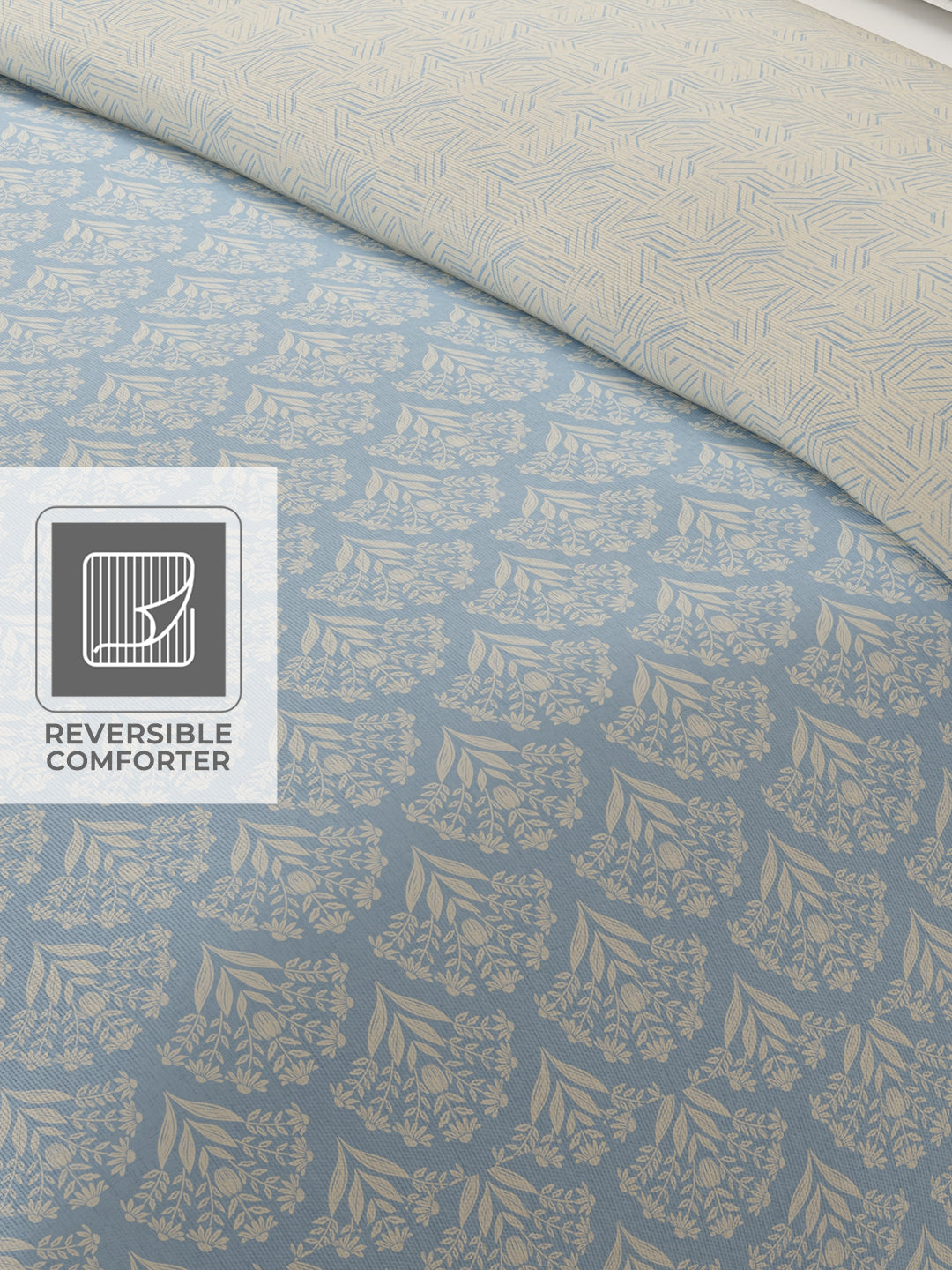 Cottage Garden 100% Cotton 300 TC Blue & Beige Printed Double Reversible Comforter - Pack of 1 (108 L x 90 W inches)