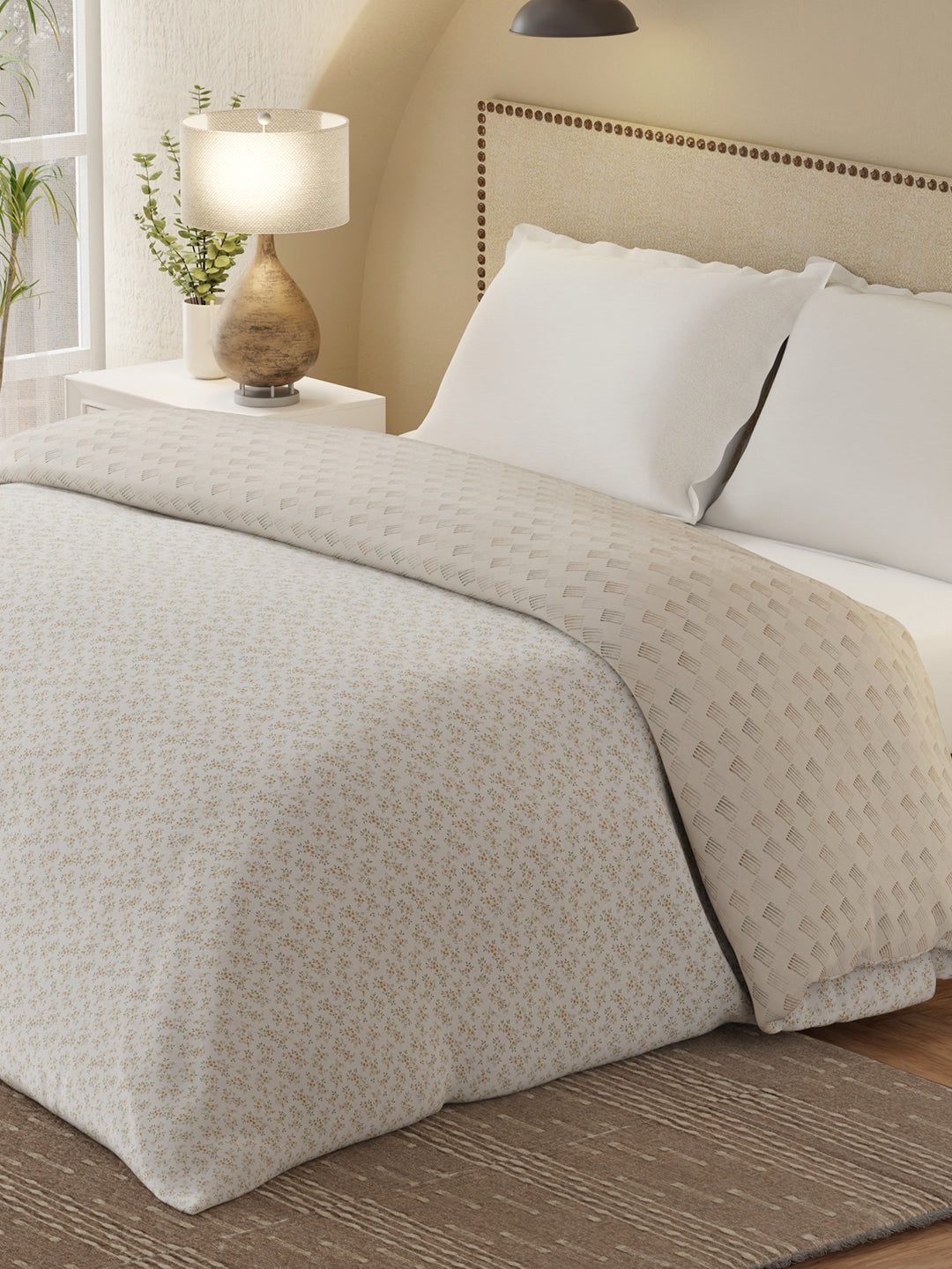 Cottage Garden 100% Cotton 300 TC Grey & White Printed Double Reversible Comforter - Pack of 1 (108 L x 90 W inches)