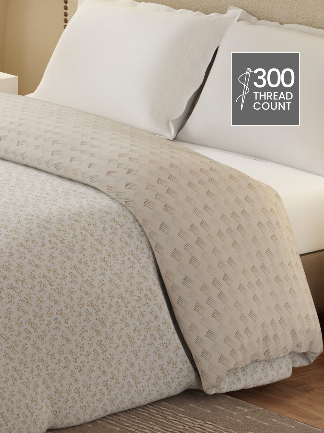 Cottage Garden 100% Cotton 300 TC Grey & White Printed Double Reversible Comforter - Pack of 1 (108 L x 90 W inches)
