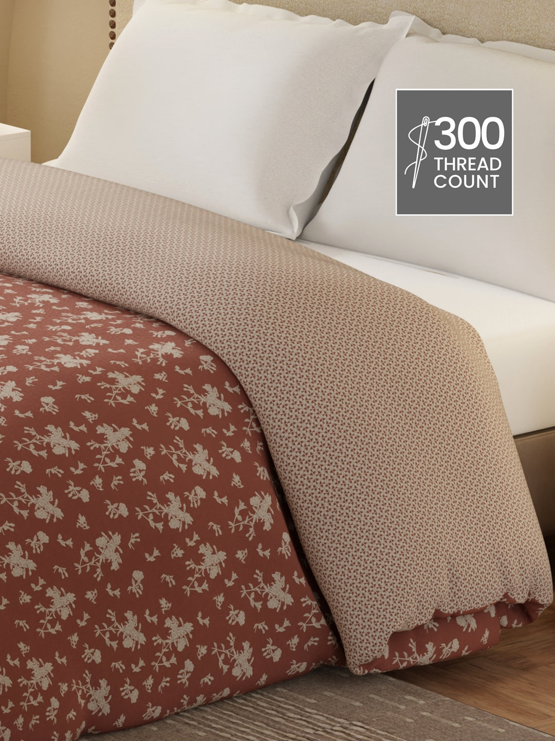 Cottage Garden 100% Cotton 300 TC Brown & White Printed Double Reversible Comforter - Pack of 1 (108 L x 90 W inches)