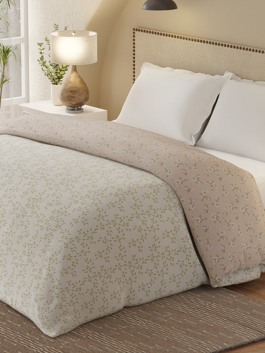 Cottage Garden 100% Cotton 300 TC Green & Beige Printed Double Reversible Comforter - Pack of 1 (108 L x 90 W inches)