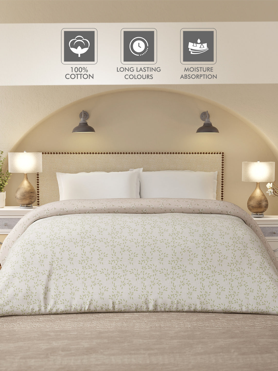 Cottage Garden 100% Cotton 300 TC Green & Beige Printed Double Reversible Comforter - Pack of 1 (108 L x 90 W inches)