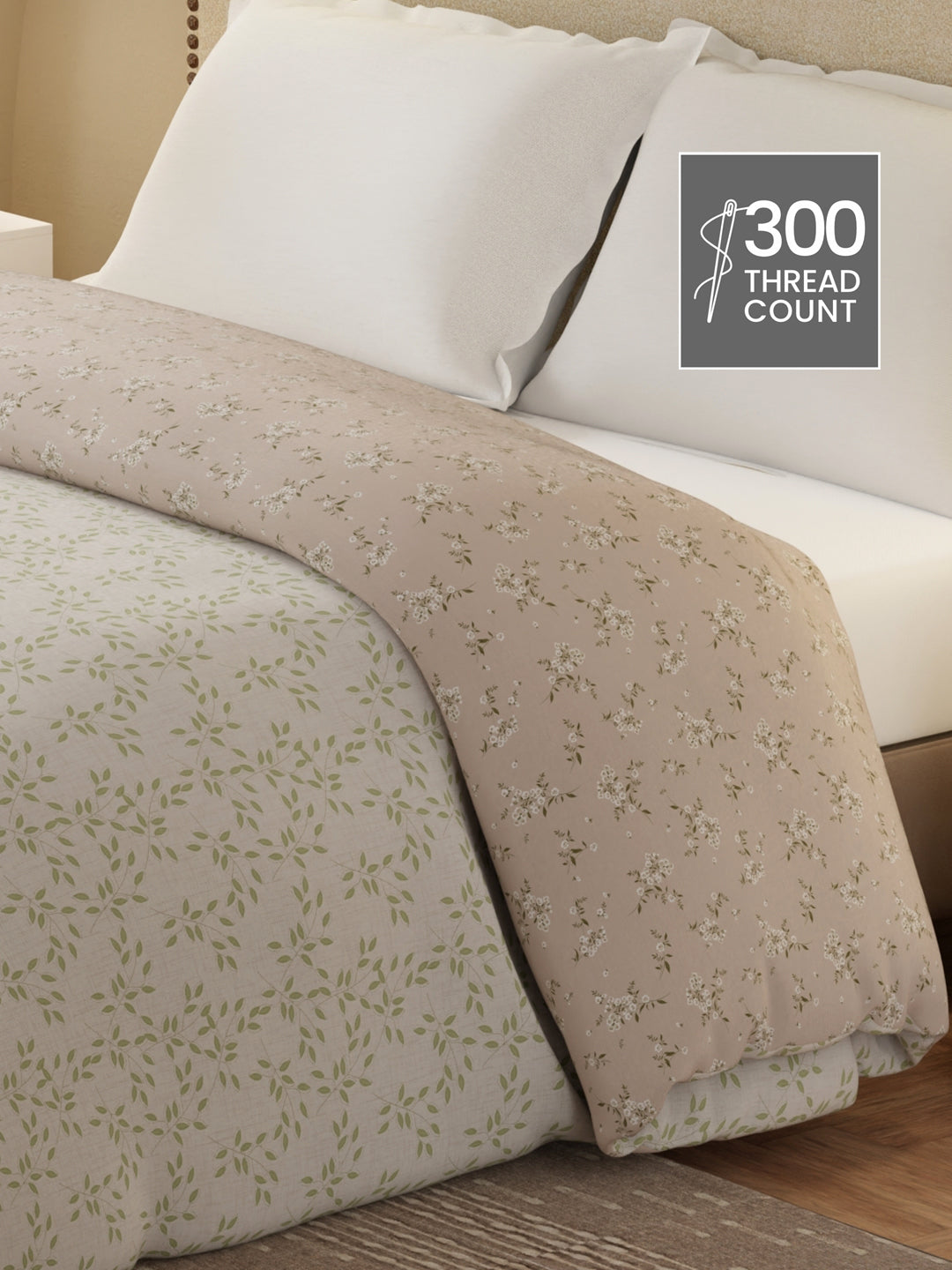 Cottage Garden 100% Cotton 300 TC Green & Beige Printed Double Reversible Comforter - Pack of 1 (108 L x 90 W inches)