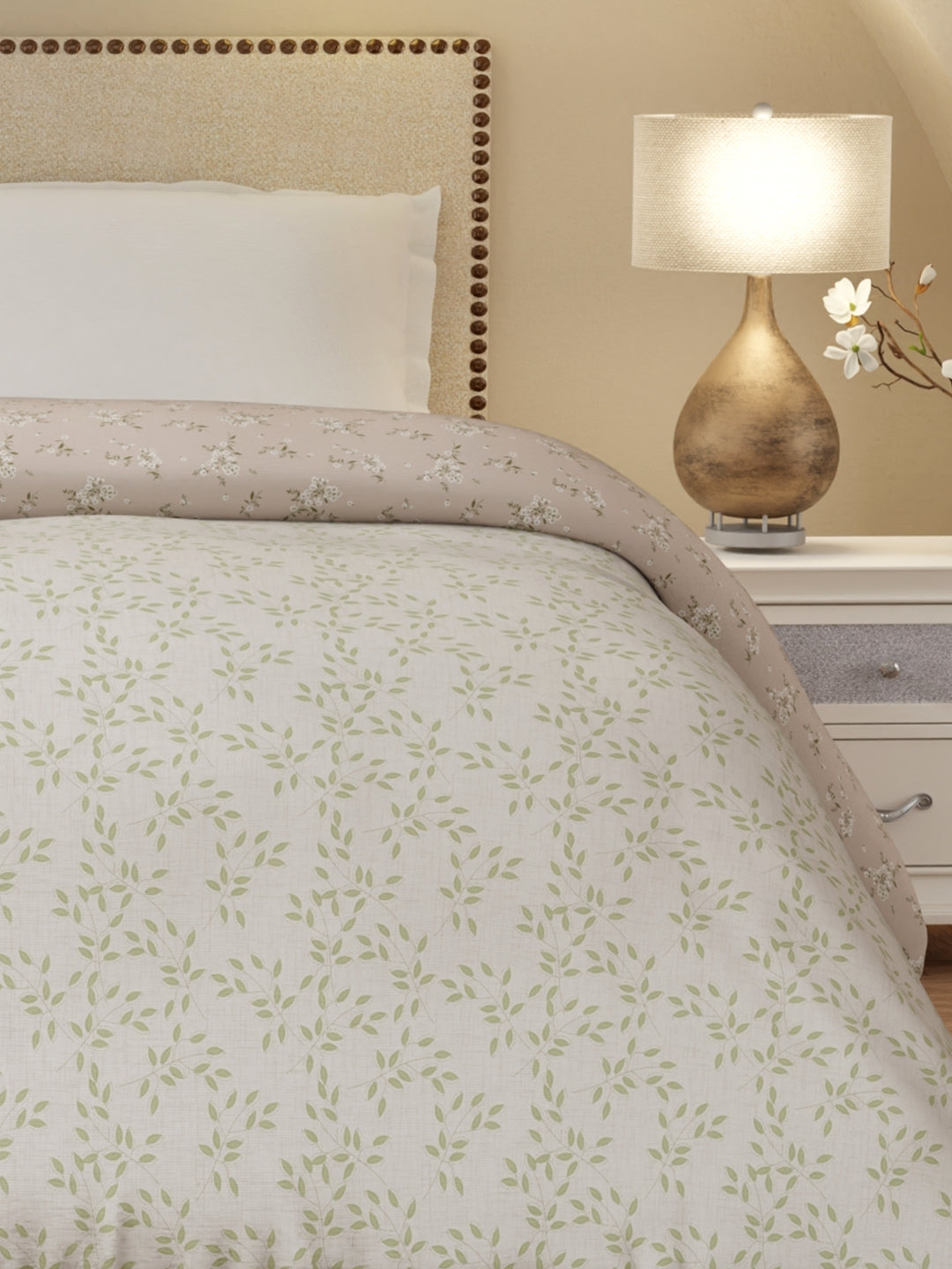 Cottage Garden 100% Cotton 300 TC Green & Beige Printed Double Reversible Comforter - Pack of 1 (108 L x 90 W inches)