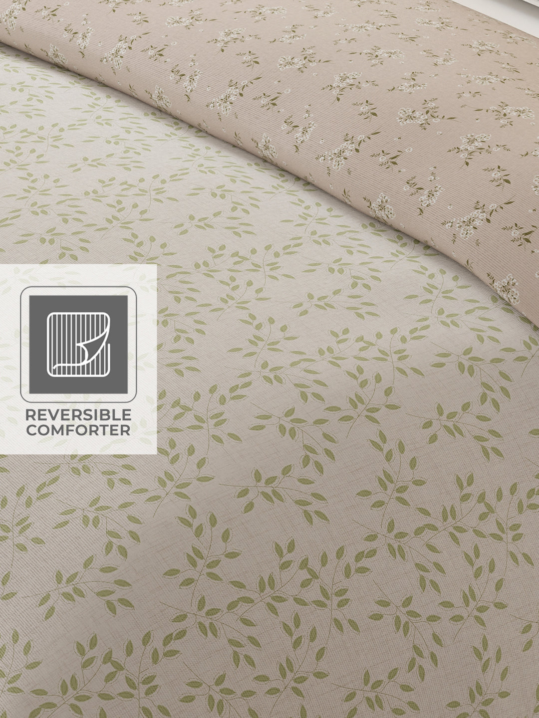 Cottage Garden 100% Cotton 300 TC Green & Beige Printed Double Reversible Comforter - Pack of 1 (108 L x 90 W inches)