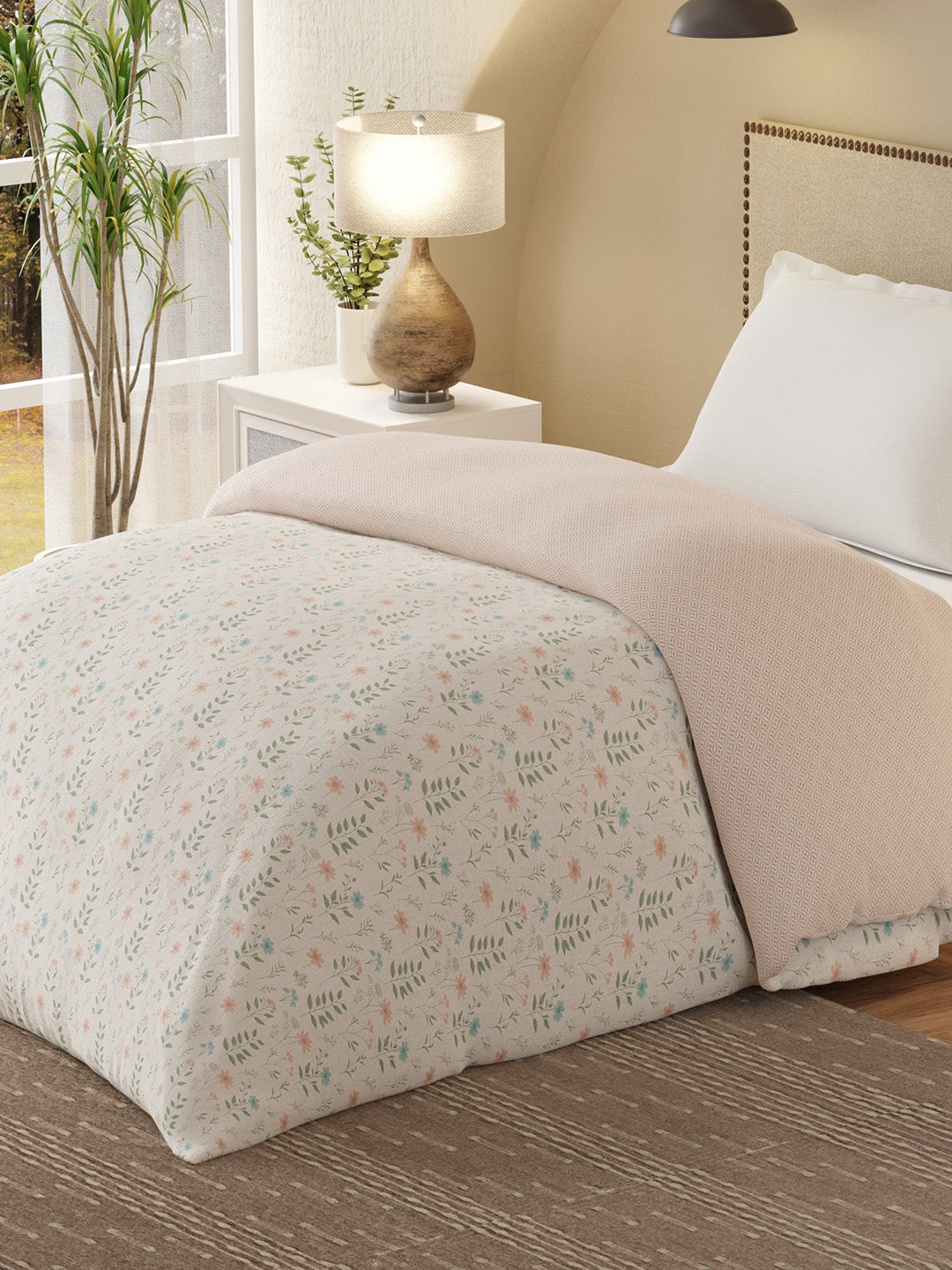 Cottage Garden 100% Cotton 300 TC Grey Printed Single Reversible Comforter - Pack of 1 (88 L x 60 W inches)