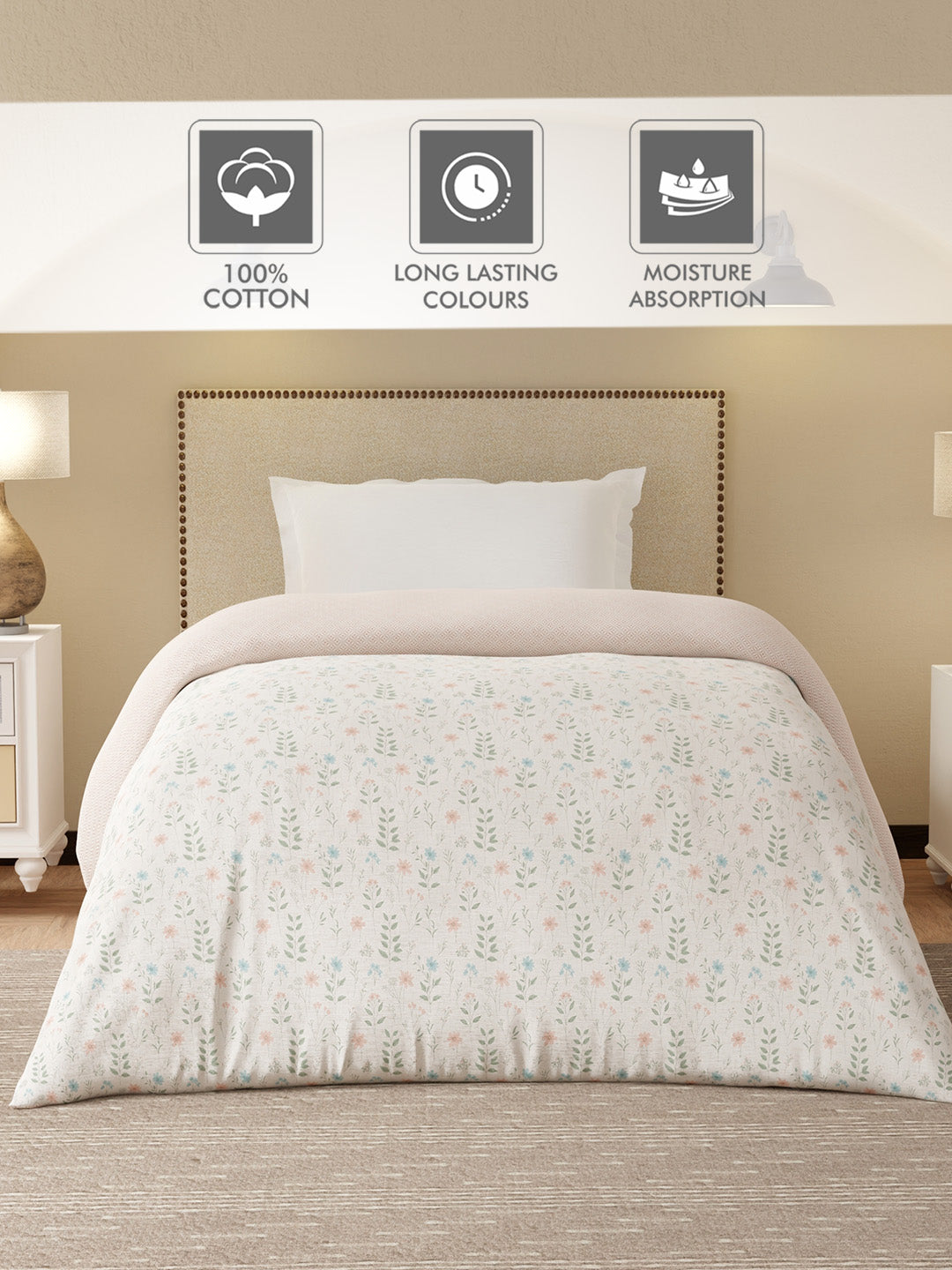 Cottage Garden 100% Cotton 300 TC Grey Printed Single Reversible Comforter - Pack of 1 (88 L x 60 W inches)