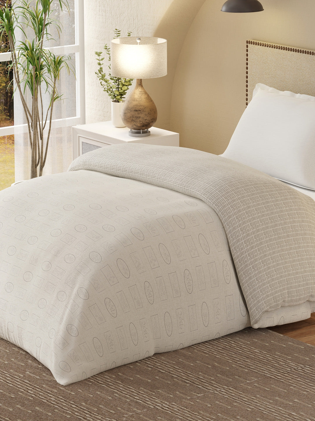 Cottage Garden 100% Cotton 300 TC White & Grey Printed Single Reversible Comforter - Pack of 1 (88 L x 60 W inches)