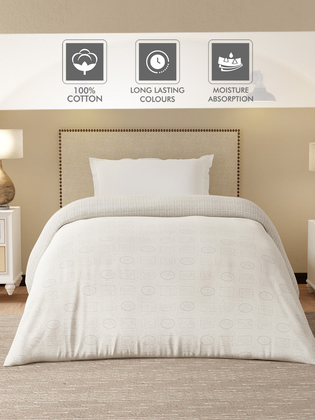 Cottage Garden 100% Cotton 300 TC White & Grey Printed Single Reversible Comforter - Pack of 1 (88 L x 60 W inches)