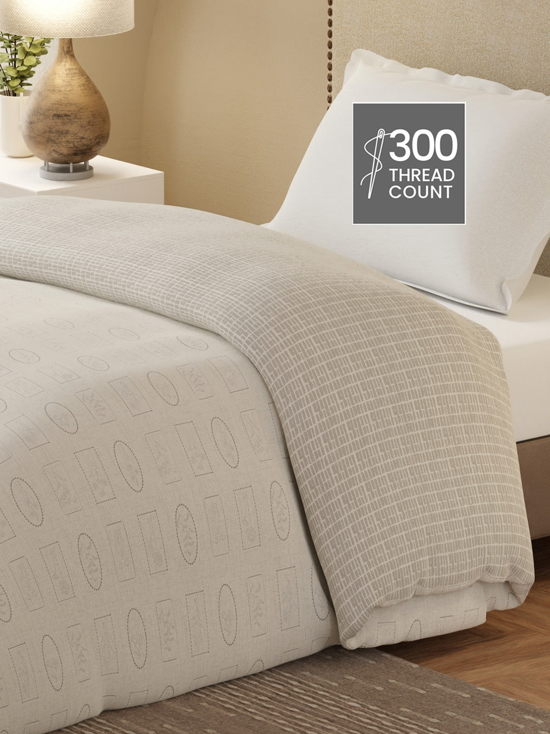 Cottage Garden 100% Cotton 300 TC White & Grey Printed Single Reversible Comforter - Pack of 1 (88 L x 60 W inches)