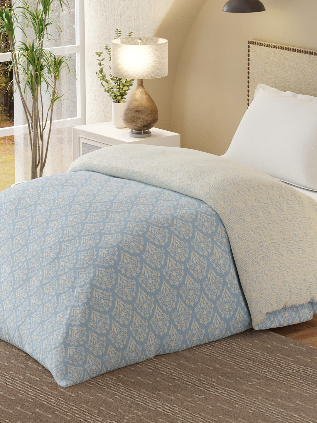 Cottage Garden 100% Cotton 300 TC Blue & Beige Printed Single Reversible Comforter - Pack of 1 (88 L x 60 W inches)