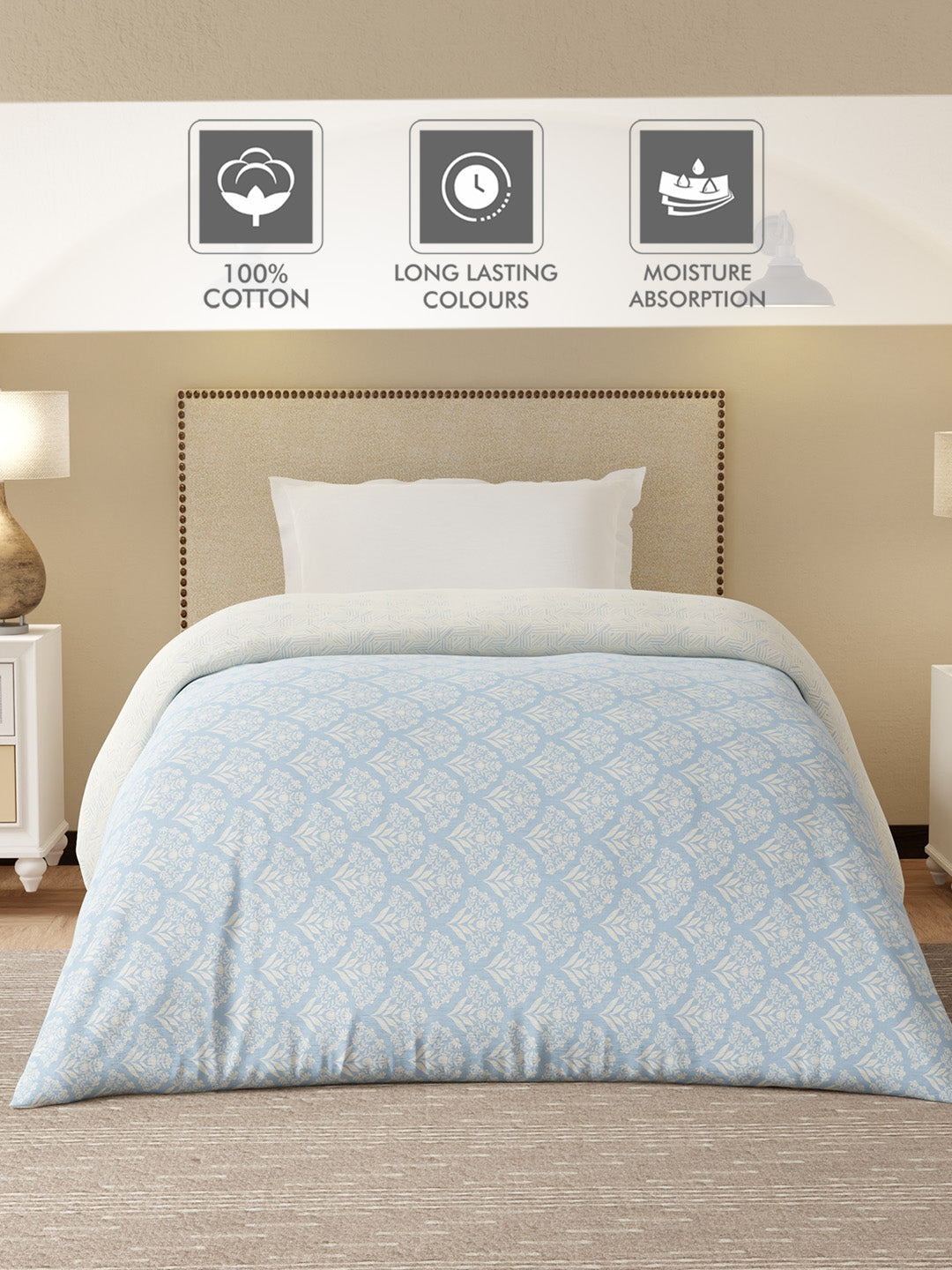 Cottage Garden 100% Cotton 300 TC Blue & Beige Printed Single Reversible Comforter - Pack of 1 (88 L x 60 W inches)