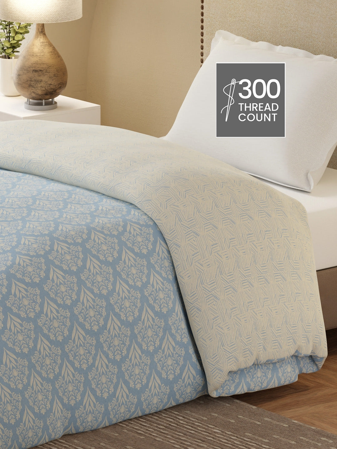 Cottage Garden 100% Cotton 300 TC Blue & Beige Printed Single Reversible Comforter - Pack of 1 (88 L x 60 W inches)