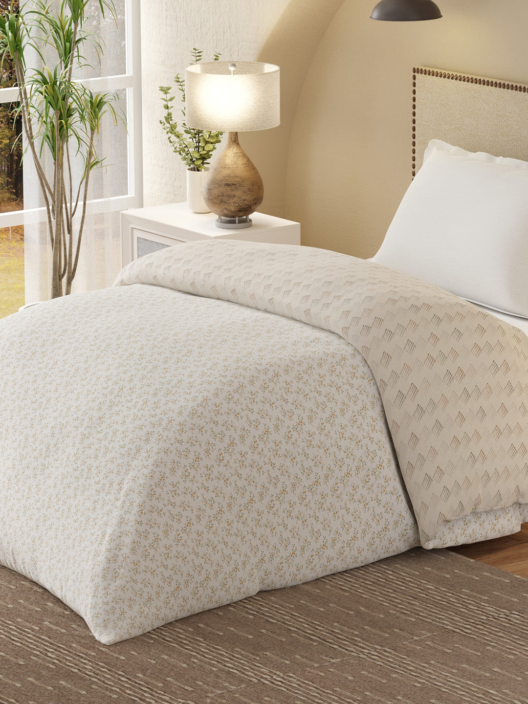 Cottage Garden 100% Cotton 300 TC Grey & White Printed Single Reversible Comforter - Pack of 1 (88 L x 60 W inches)