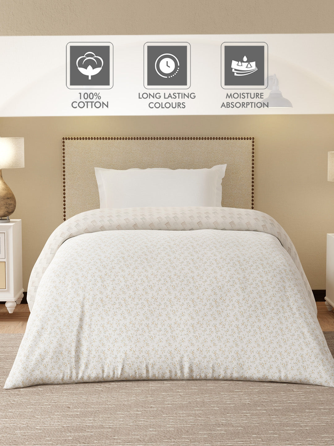 Cottage Garden 100% Cotton 300 TC Grey & White Printed Single Reversible Comforter - Pack of 1 (88 L x 60 W inches)