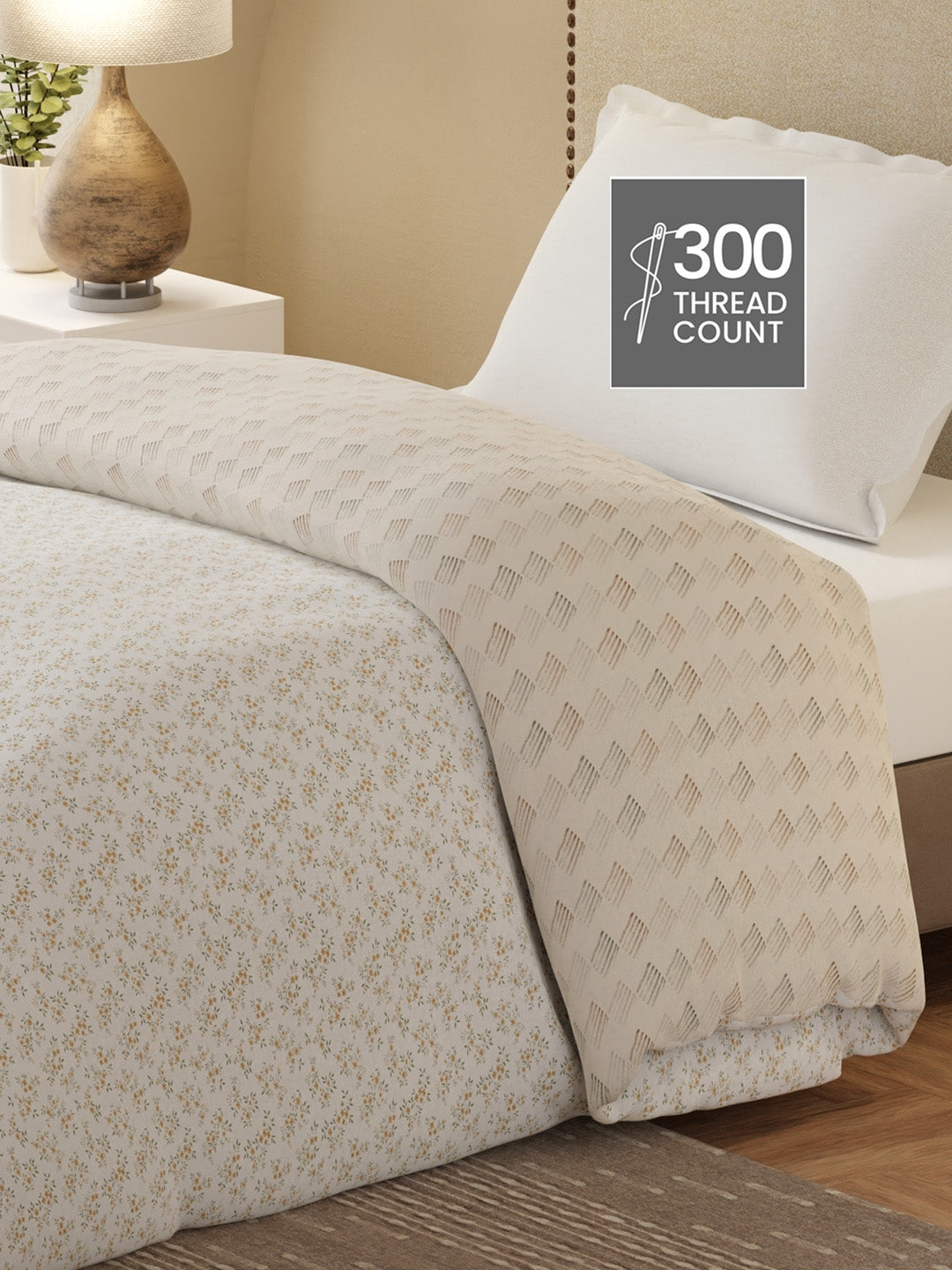 Cottage Garden 100% Cotton 300 TC Grey & White Printed Single Reversible Comforter - Pack of 1 (88 L x 60 W inches)