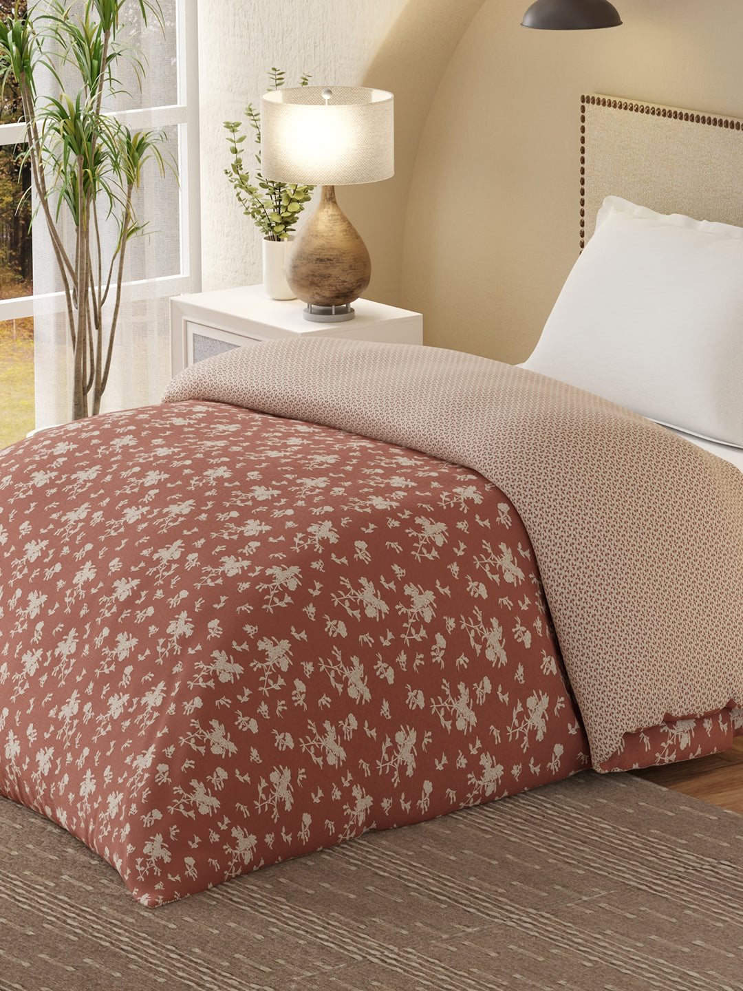 Cottage Garden 100% Cotton 300 TC Brown & White Printed Single Reversible Comforter - Pack of 1 (88 L x 60 W inches)