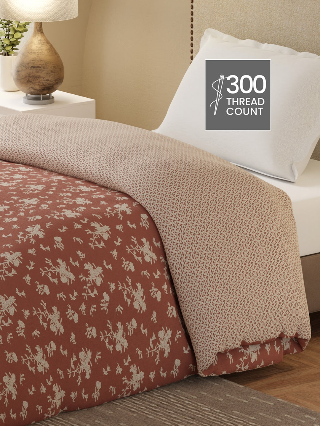 Cottage Garden 100% Cotton 300 TC Brown & White Printed Single Reversible Comforter - Pack of 1 (88 L x 60 W inches)