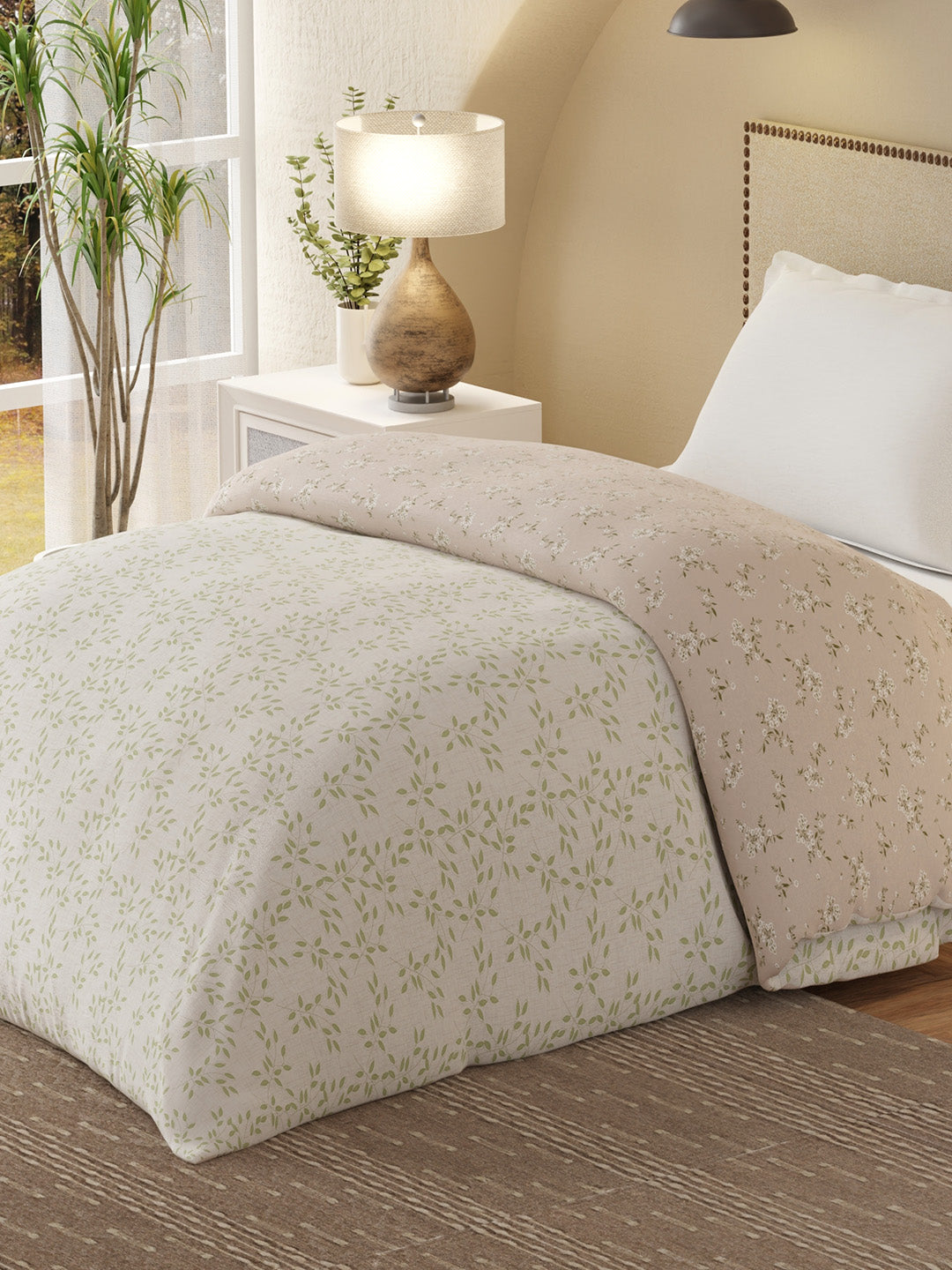 Cottage Garden 100% Cotton 300 TC Green & Beige Printed Single Reversible Comforter - Pack of 1 (88 L x 60 W inches)