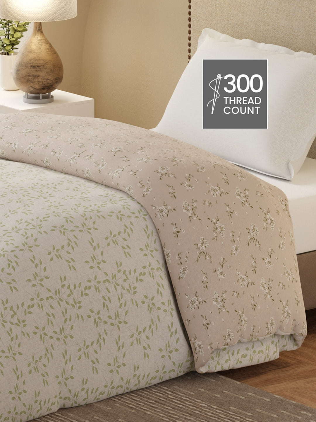 Cottage Garden 100% Cotton 300 TC Green & Beige Printed Single Reversible Comforter - Pack of 1 (88 L x 60 W inches)