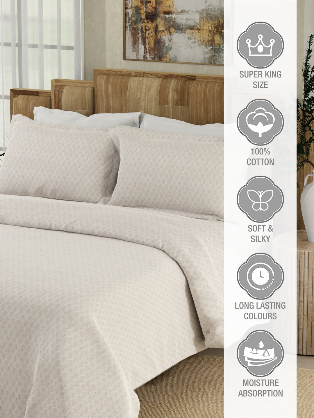 Gardenia Augusta 100% Cotton 300 TC White Digitally Printed Super King Bedsheet with 2 Pillow Covers