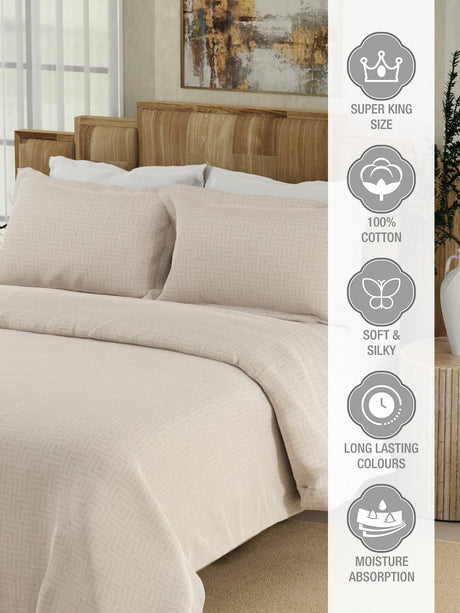 Gardenia Augusta 100% Cotton 300 TC Beige & White Digitally Printed Super King Bedsheet with 2 Pillow Covers