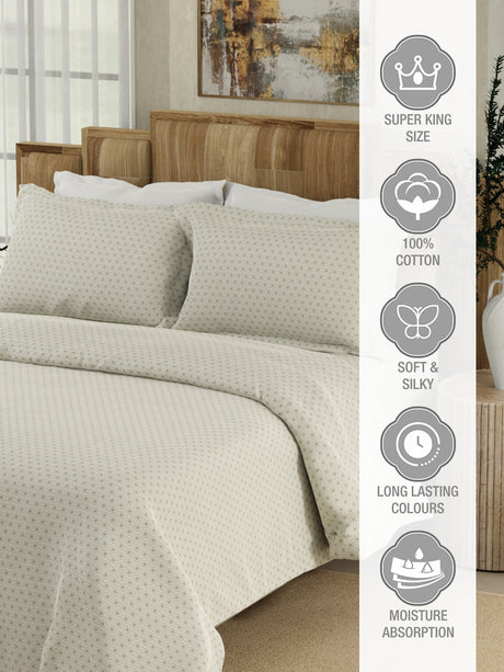 Gardenia Augusta 100% Cotton 300 TC Grey & White Digitally Printed Super King Bedsheet with 2 Pillow Covers