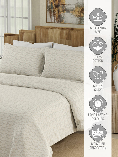 Gardenia Augusta 100% Cotton 300 TC White & Beige Digitally Printed Super King Bedsheet with 2 Pillow Covers
