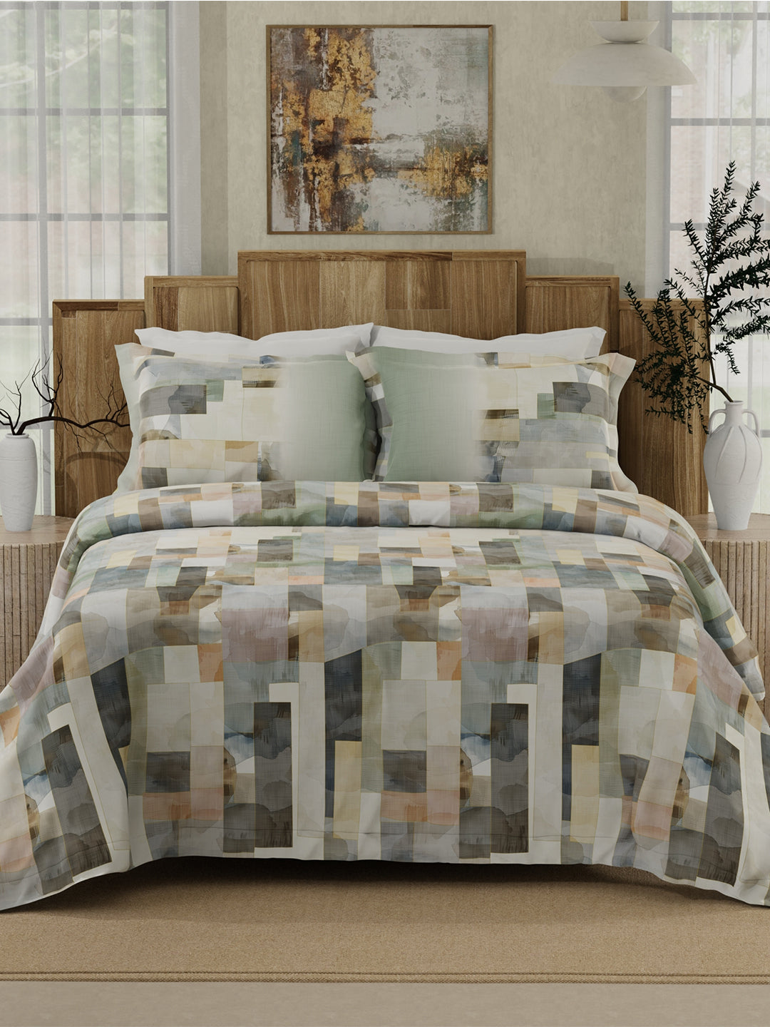 Gardenia Augusta 100% Cotton 300 TC Grey Digitally Printed King Bedsheet with 2 Pillow Covers